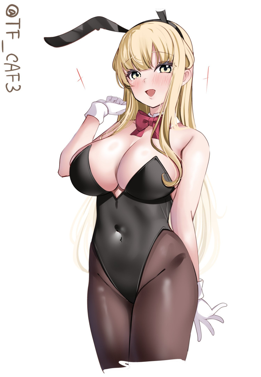 1girl animal_ears bare_shoulders black_leotard black_pantyhose blonde_hair blush bow bowtie breasts cleavage covered_navel detached_collar double_bun fake_animal_ears fletcher_(kancolle) hair_bun highres kantai_collection large_breasts leotard long_hair looking_at_viewer open_mouth pantyhose playboy_bunny purple_eyes rabbit_ears smile solo strapless strapless_leotard tf_cafe traditional_bowtie twitter_username wrist_cuffs