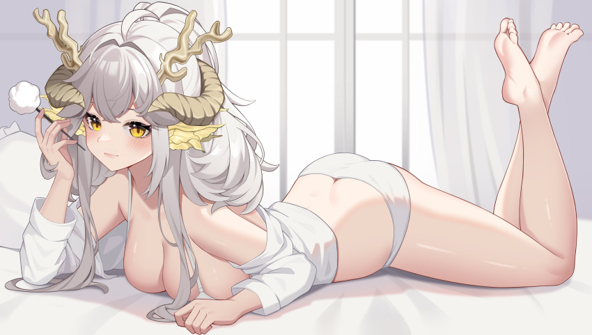 1girl absurdres ahoge ass bare_legs bare_shoulders barefoot breasts character_request commentary_request copyright_request crop_top hand_up highres holding horns large_breasts lying off_shoulder on_stomach ruochi_lk solo thighs virtual_youtuber white_hair yellow_eyes