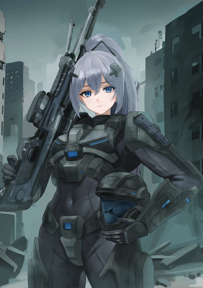 1girl absurdres armor azur_lane black_bodysuit blue_eyes bodysuit building chest_armor closed_mouth commission commissioner_upload crossed_bangs dgkamikaze gauntlets gloves grey_hair gun hair_ornament halo_(series) halo_3:_odst helmet high_ponytail highres holding holding_helmet holding_weapon intrepid_(azur_lane) knife long_hair looking_at_viewer non-web_source odst rifle shoulder_armor sniper_rifle urban weapon