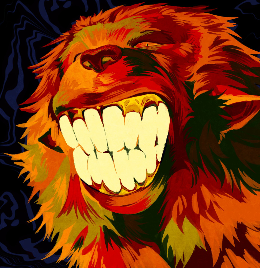 2024 abstract_background ambiguous_gender feral fur haplorhine headshot_portrait hi_res looking_at_viewer mammal monkey narrowed_eyes painterly portrait primate roamingthrough simple_background smile solo stylized teeth toothy_grin tuft