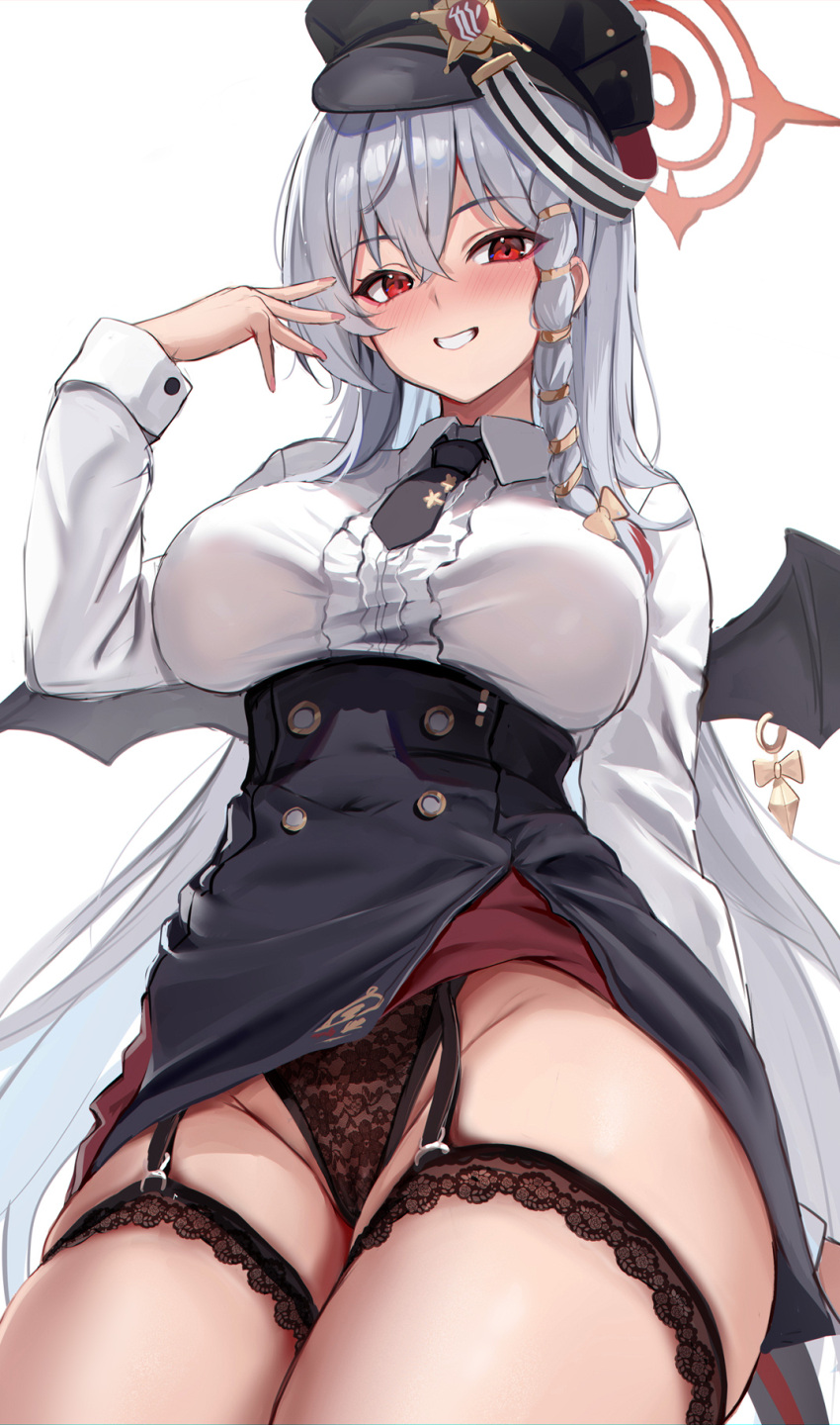 1girl black_garter_straps black_hat black_necktie black_panties blue_archive braid breasts collared_shirt commentary garter_straps grey_hair halo haruna_(blue_archive) hat highres large_breasts long_hair long_sleeves looking_at_viewer necktie panties red_halo shirt simple_background single_braid smile solo stone_(ksorede) thighs underwear white_background white_shirt