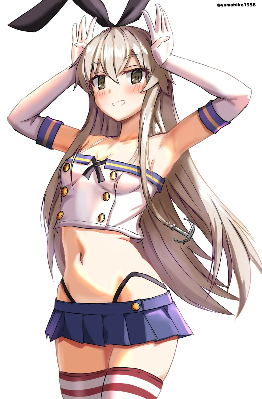 anchor_hair_ornament armpits black_hairband blush cosplay crop_top elbow_gloves gloves hair_ornament hairband highleg highleg_panties highres kantai_collection long_hair microskirt midriff mizuki_(uzuki_no_sato) navel panties shimakaze_(kancolle) shimakaze_(kancolle)_(cosplay) skirt smile striped_clothes striped_thighhighs thighhighs twitter_username underwear