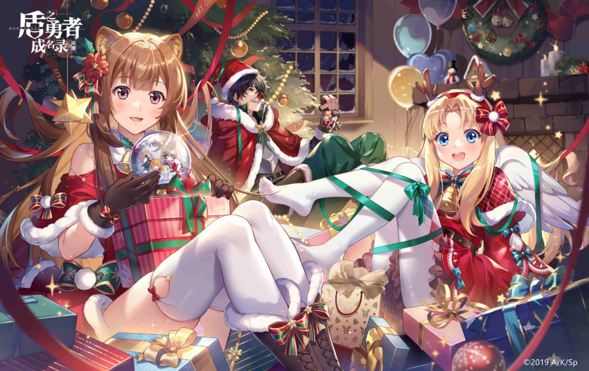 1boy 2girls :d alternate_costume animal_ear_fluff animal_ears antlers armor balloon bare_shoulders bell belt black_hat blonde_hair blue_bow blue_eyes blush boots bow box breastplate brown_footwear brown_gloves brown_hair candle capelet check_clothing chimney chinese_commentary christmas christmas_ornaments christmas_tree commentary_request copyright_name dress fake_antlers fake_facial_hair fake_mustache fake_nose feathered_wings feet feet_out_of_frame feet_up figure filo_(tate_no_yuusha_no_nariagari) flower full_body fur-trimmed_capelet fur-trimmed_dress fur-trimmed_footwear fur-trimmed_gloves fur-trimmed_shrug fur_trim gift gift_box gloves green_eyes green_pants green_ribbon hair_flower hair_ornament hairband hat heart_balloon highres holding holding_gift holding_snow_globe horns indoors iwatani_naofumi jingle_bell long_hair long_sleeves looking_at_viewer mistletoe multiple_girls neck_bell official_art open_mouth pants pinecone pom_pom_(clothes) raccoon_ears raccoon_girl raphtalia red_bow red_capelet red_dress red_eyes red_hairband red_hat red_ribbon red_shrug reindeer_antlers ribbon santa_hat sidelocks sitting skindentation sleeveless sleeveless_dress smile snow_globe snowman soles sparkle star_(symbol) tate_no_yuusha_no_nariagari tate_no_yuusha_no_nariagari_rerise thighhighs top_hat white_thighhighs white_wings wide_sleeves window wings wreath