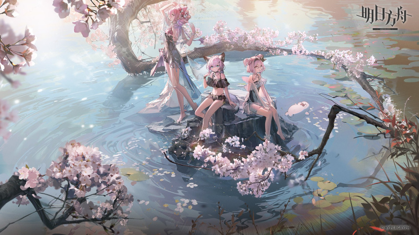 3girls animal_ears arknights arm_up bikini black_bikini black_hairband black_ribbon blue_eyes branch character_request check_character chemise cherry_blossoms chinese_clothes commentary copyright_name copyright_notice creature english_commentary flower frilled_bikini frills grey_tail hair_between_eyes hair_ornament hair_ribbon hairband hands_on_own_knees highres knees_together_feet_apart light_particles looking_at_viewer midriff multiple_girls navel official_art outdoors pink_flower pink_hair plant profile pudding_(arknights) ribbon ripples see-through see-through_chemise short_hair sitting standing sunlight sussurro_(arknights) swimsuit tail tree two_side_up u-official_(arknights) water yellow_eyes zheshe_jing