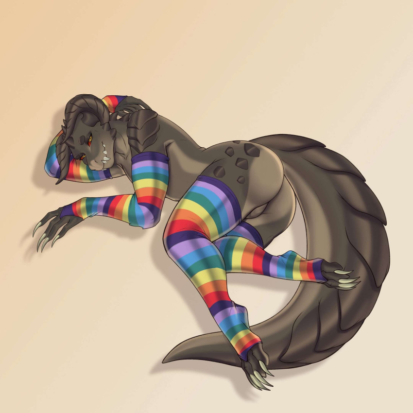 1:1 anthro arm_warmers armwear ashe_colter balls bethesda_softworks brown_body brown_scales butt claws clothing deathclaw fallout fangs femboy finger_claws genitals hi_res horn legwear looking_at_viewer lying male microsoft mr_jager multicolored_clothing multicolored_legwear multicolored_stockings pupils rainbow_clothing rainbow_legwear rainbow_stockings red_eyes reptile scales scalie simple_background slit_pupils solo stockings tail teeth thick_tail thick_thighs thigh_highs toe_claws