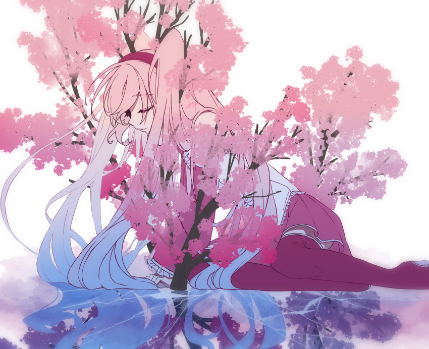 1girl :d absurdres arm_support cherry_blossoms closed_eyes detached_sleeves eiku facing_down frilled_shirt frills from_side full_body hatsune_miku highres long_hair long_sleeves open_mouth pink_hair pink_skirt pink_sleeves pink_thighhighs pleated_skirt profile sakura_miku sapling shattered shirt signature simple_background sitting skirt sleeveless sleeveless_shirt smile solo thighhighs twintails very_long_hair vocaloid white_background white_shirt yokozuwari zettai_ryouiki