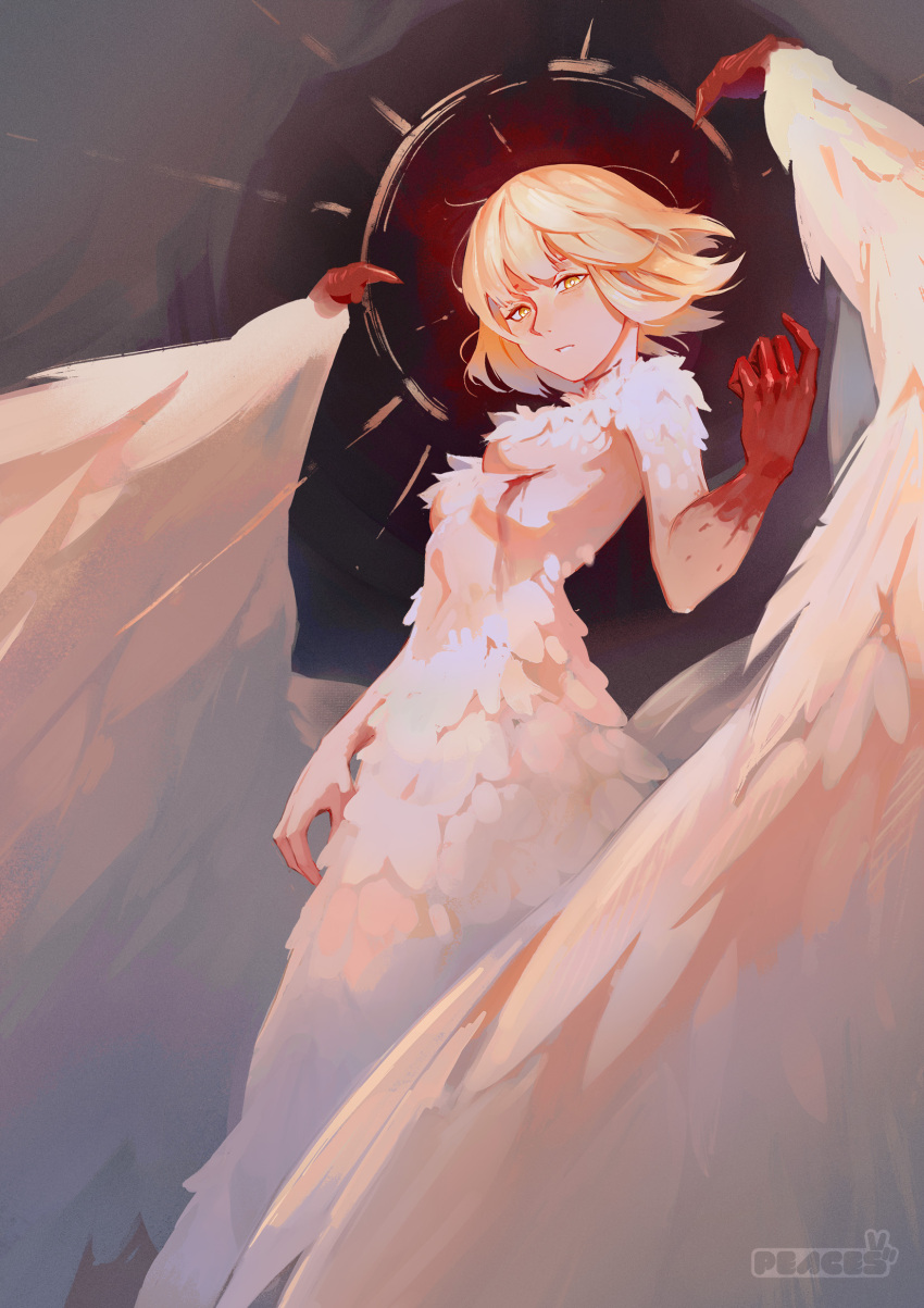 1girl artist_name blonde_hair blood blood_on_chest blood_on_hands breasts bright_pupils cowboy_shot dungeon_meshi falin_touden falin_touden_(chimera) feathered_wings from_side hand_up highres looking_at_viewer monster_girl parted_lips peaces_arts red_background short_hair slit_throat solo taur underboob watermark white_pupils wings yellow_eyes