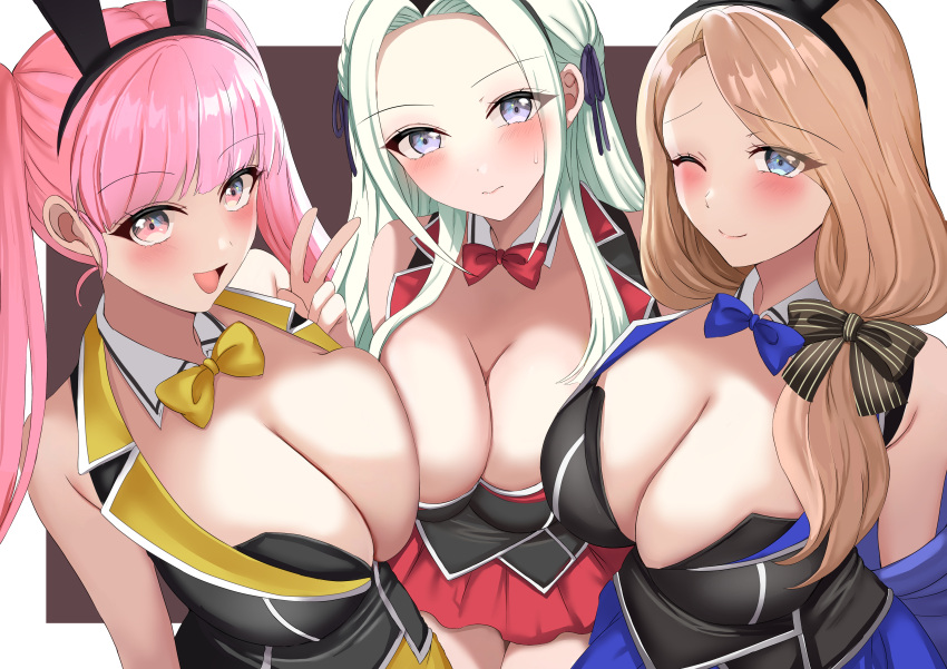 3girls absurdres alternate_breast_size animal_ears asymmetrical_docking black_hairband blonde_hair blue_bow blue_bowtie blue_eyes bow bowtie breast_press breasts bunny_garden cleavage closed_mouth commentary_request cosplay edelgard_von_hresvelg fake_animal_ears fire_emblem fire_emblem:_three_houses hair_bow hairband highres hilda_valentine_goneril kana_(bunny_garden) kana_(bunny_garden)_(cosplay) large_breasts long_hair looking_at_viewer low-tied_long_hair mercedes_von_martritz miuka_(bunny_garden) miuka_(bunny_garden)_(cosplay) multiple_girls one_eye_closed open_mouth pink_bow pink_bowtie pink_eyes pink_hair playboy_bunny purple_eyes rabbit_ears red_bow red_bowtie rin_(bunny_garden) rin_(bunny_garden)_(cosplay) smile tara_(szzj7733) v white_hair