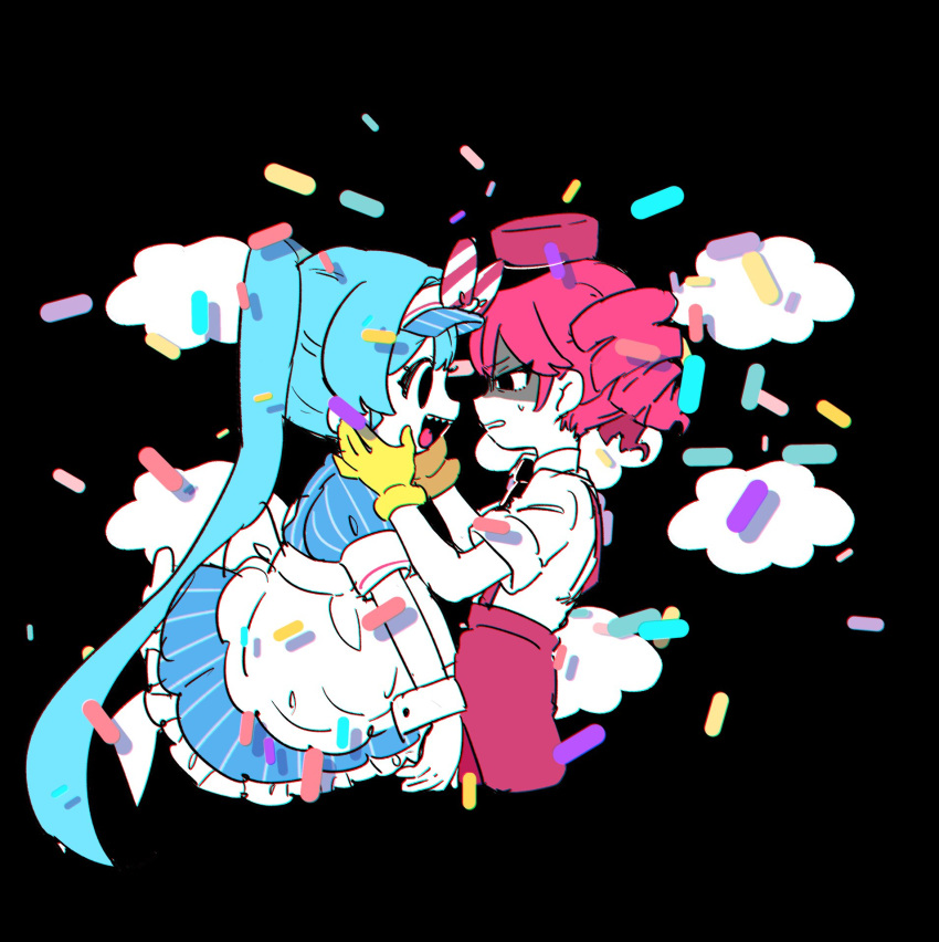 2girls black_background black_eyes blue_dress blue_hair blue_hat bow cloud commentary confetti cowboy_shot dress drill_hair gloves hair_bow hands_on_another's_face hat hat_bow hatsune_miku highres kasane_teto long_hair mesmerizer_(vocaloid) multiple_girls nervous pants pink_hair pink_pants poppu_usagi puffy_short_sleeves puffy_sleeves shaded_face shirt short_sleeves sweat twin_drills twintails utau very_long_hair visor_cap vocaloid yellow_gloves