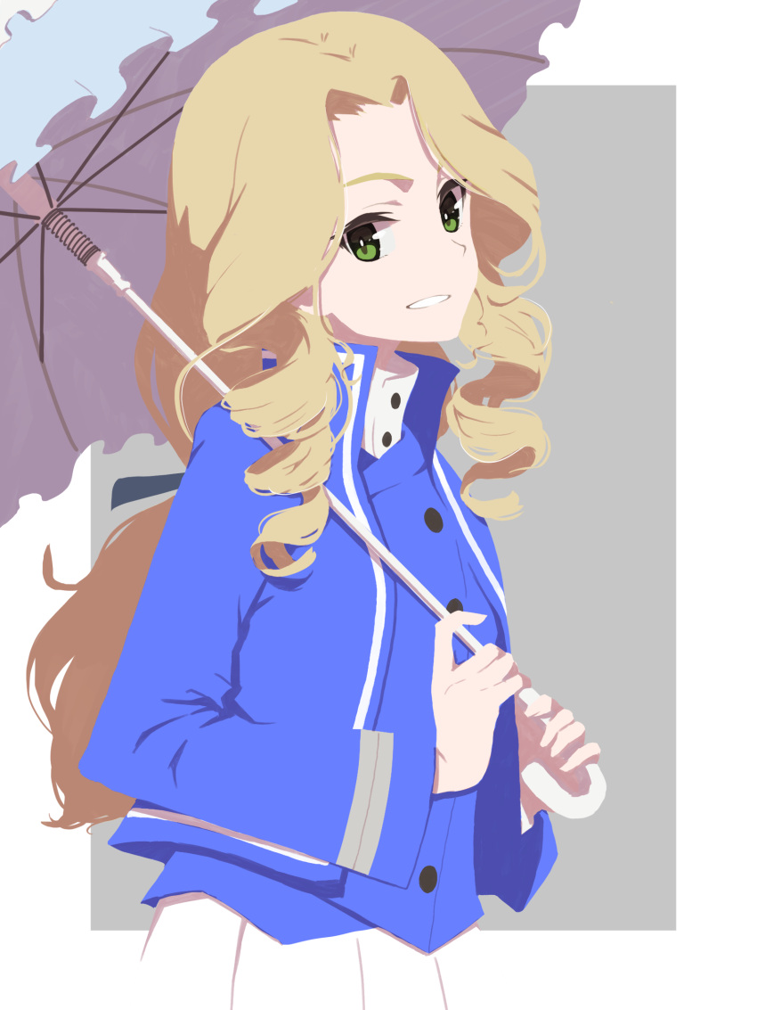 1girl bc_freedom_military_uniform black_ribbon blonde_hair blue_eyes blue_jacket blue_vest commentary dress_shirt drill_hair girls_und_panzer grin hair_ribbon high_collar highres holding holding_umbrella jacket long_hair long_sleeves looking_at_viewer low-tied_long_hair military_uniform oritako parasol pleated_skirt ribbon shirt skirt smile sofue_(girls_und_panzer) solo standing umbrella uniform vest white_shirt white_skirt