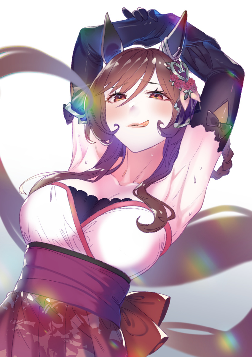 1girl absurdres alternate_costume animal_ears armpits arms_up bare_shoulders black_gloves braided_hair_rings breasts brown_hair cleavage commentary_request doushi_tatsu_to_dekkai_no dress ear_covers ear_ornament elbow_gloves gentildonna_(umamusume) gloves gradient_background hair_ornament highres horse_ears horse_girl horse_tail large_breasts lens_flare licking_lips long_hair looking_at_viewer obi presenting_armpit red_eyes sash solo strapless strapless_dress tail tongue tongue_out umamusume