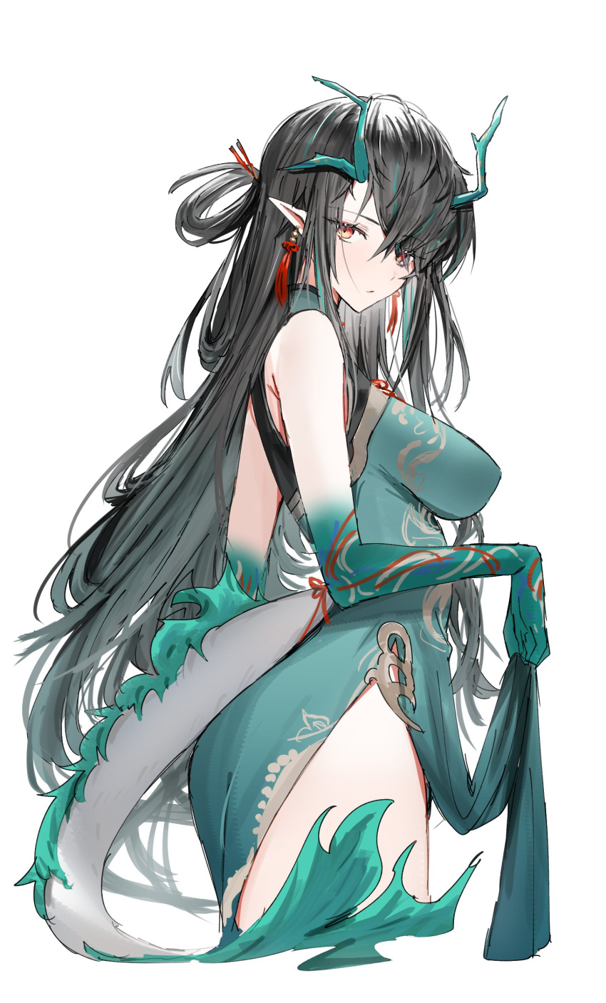 1girl absurdres aqua_dress aqua_hair aqua_horns arknights bare_shoulders black_hair breasts closed_mouth clothes_lift commentary_request crossed_bangs dragon_girl dragon_horns dragon_tail dress dusk_(arknights) earrings from_side gradient_skin highres horn/wood horns jewelry long_hair looking_at_viewer medium_breasts multicolored_hair pelvic_curtain pelvic_curtain_lift pointy_ears print_dress red_eyes red_tassel simple_background single_hair_ring sleeveless sleeveless_dress solo streaked_hair tail tassel tassel_earrings upper_body white_background