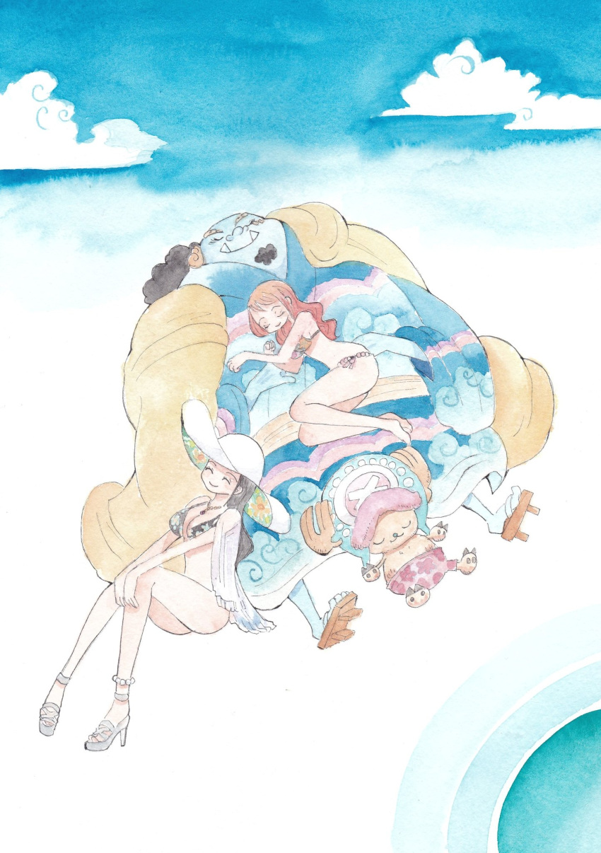 2boys 2girls :3 antlers barefoot bikini black_hair blue_skin cardigan_on_shoulders closed_eyes cloud coat colored_skin commentary_request cross facial_hair geta goatee hat high_heels highres hood hooded_coat horns japanese_clothes jinbe_(one_piece) kimono large_hat long_hair lying lying_on_person multiple_boys multiple_girls nami_(one_piece) nico_robin on_back one_piece painting_(medium) reindeer_antlers shorts sleeping smile swimsuit tony_tony_chopper traditional_media watercolor_(medium) yachiy0