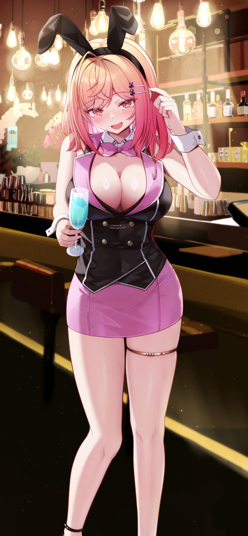 1girl absurdres ahoge akuame_(ring3922) alternate_costume animal_ears bar_(place) black_vest blush breasts bunny_garden buttons cleavage cocktail_glass collar commentary_request cup detached_collar double-breasted drinking_glass fake_animal_ears hair_ornament hairclip hairpin highres holding holding_cup hololive hololive_dev_is ichijou_ririka indoors large_breasts long_hair looking_at_viewer open_mouth orange_eyes orange_hair pink_eyes pink_hair playboy_bunny rabbit_ears short_hair smile solo standing thigh_strap vest virtual_youtuber white_collar white_wrist_cuffs wine_glass wrist_cuffs