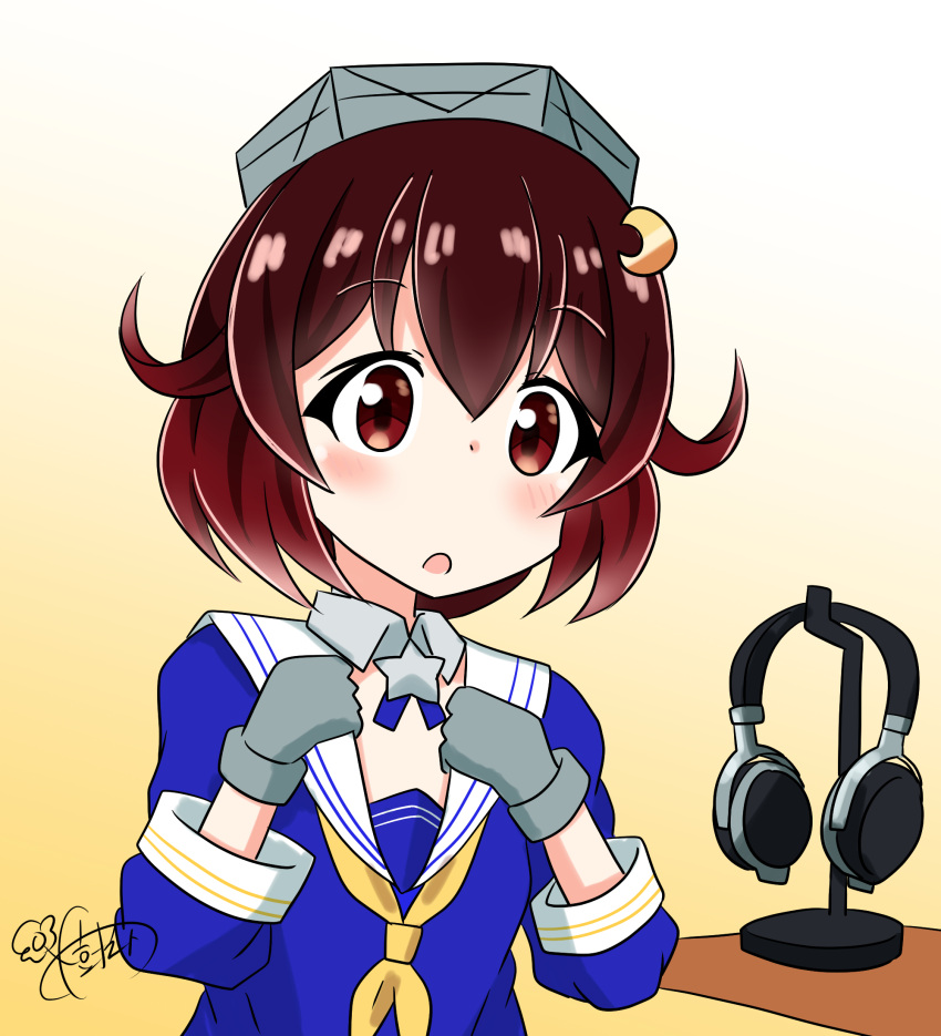 1girl blue_shirt brown_eyes brown_hair cosplay crescent crescent_hair_ornament detached_collar fletcher_(kancolle) fletcher_(kancolle)_(cosplay) fletcher_mk_ii_(kancolle) fletcher_mk_ii_(kancolle)_(cosplay) gradient_hair hair_ornament headphones highres kantai_collection kinoshita_tsubomi multicolored_hair mutsuki_(kancolle) neckerchief one-hour_drawing_challenge sailor_collar sailor_shirt school_uniform serafuku shirt short_hair signature solo upper_body white_sailor_collar yellow_neckerchief