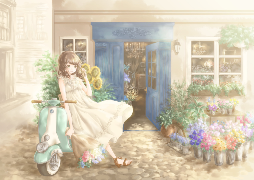 arm_at_side arm_up bangs bare_arms basket bouquet brown_eyes brown_hair chandelier cobblestone commentary day dress flower ground_vehicle hand_in_hair highres holding holding_bouquet hoshiibara_mato house lamp leaning_on_object looking_at_viewer medium_hair motor_vehicle open_door open_mouth original outdoors plant planter potted_plant road sconce scooter sleeveless sleeveless_dress smile solo street sunflower table town white_dress window