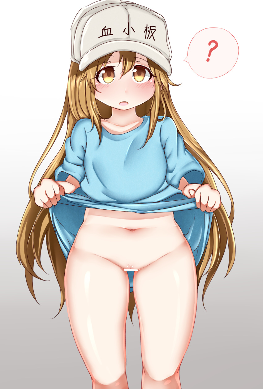 1girl ? akaki_tsubasa bar_censor brown_eyes brown_hair censored collarbone female hair_between_eyes hat hataraku_saibou lifted_by_self long_hair looking_at_viewer no_panties open_mouth platelet_(hataraku_saibou) pussy shirt_lift short_sleeves solo spoken_question_mark standing