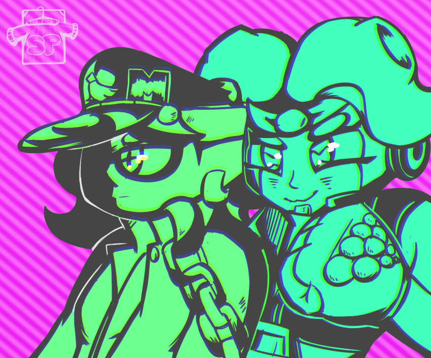 2018 animal_humanoid beauty_mark cephalopod cephalopod_humanoid chain chromatic_aberration clothed clothing cosplay digital_media_(artwork) duo ear_piercing female gloves hat humanoid inkling jojo's_bizarre_adventure jotaro_kujo marie_(splatoon) marina_(splatoon) marine nintendo not_furry octoling piercing smile splatoon splatoon_2 squid stand_(jjba) star_platinum sweater_pups_(artist) tentacle_hair tentacles video_games