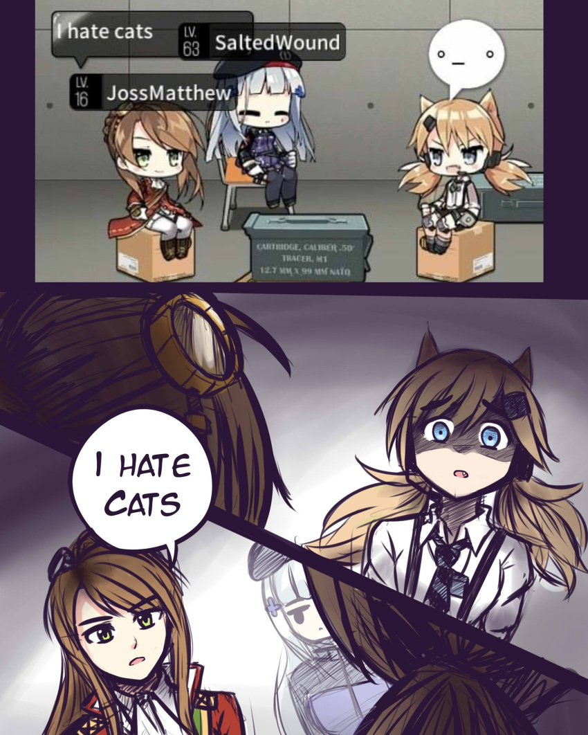 animal_ears beret blonde_hair blue_hair brown_hair cat_ears cat_girl comic commentary_request english fang girls_frontline hair_ornament hat headset highres hk416_(girls_frontline) idw_(girls_frontline) lee-enfield_(girls_frontline) military military_uniform multiple_girls necktie senpaihawkkun shocked_eyes surprised suspenders symbol_commentary uniform