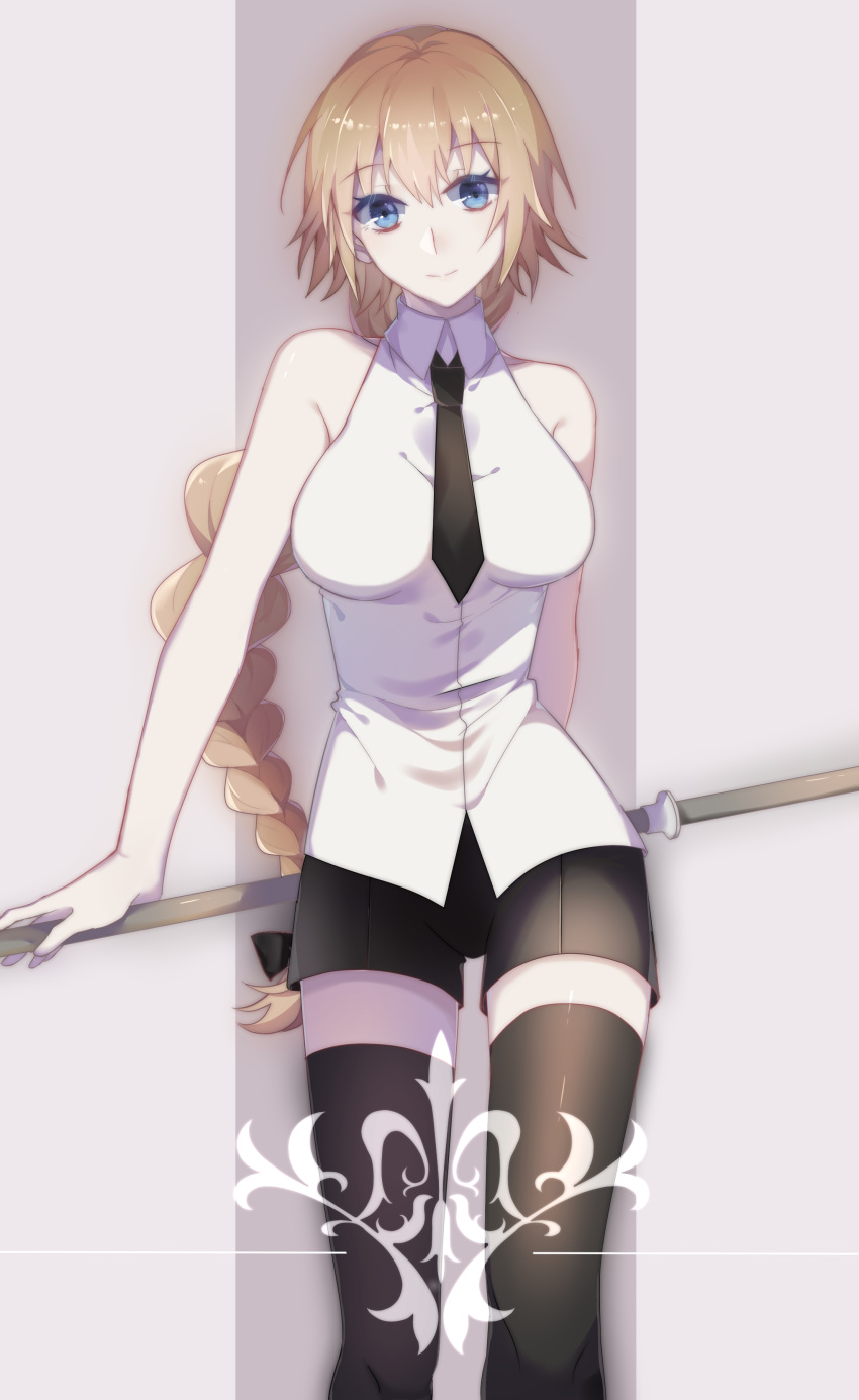 absurdres black_bow black_legwear black_neckwear black_shorts blonde_hair blue_eyes bow braid breasts chinese_commentary commentary_request dress dress_shirt eyebrows_visible_through_hair fate/apocrypha fate_(series) grey_background hair_between_eyes hair_bow head_tilt highres holding holding_weapon idass_(1155101099) jeanne_d'arc_(fate) jeanne_d'arc_(fate)_(all) large_breasts long_hair looking_at_viewer necktie ponytail shiny shiny_clothes shiny_hair shirt short_shorts shorts single_braid sleeveless sleeveless_shirt smile solo standing thighhighs very_long_hair weapon white_dress