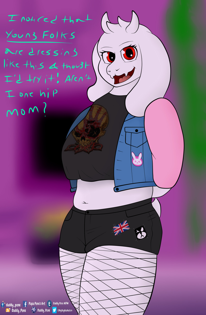 absurd_res caprine clothed clothing crop_top cute d.va daddy_pone female fishnet goat hi_res horn jacket mammal mature_female music overwatch shirt shorts smile toriel undertale video_games