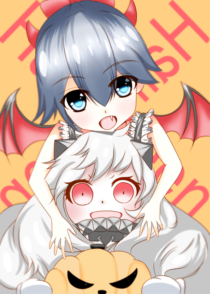 blush demon_horns demon_wings fang halloween highres horns houshou_(kantai_collection) jack-o'-lantern kantai_collection long_hair mittens northern_ocean_hime ponytail pumpkin shinkaisei-kan translation_request wings