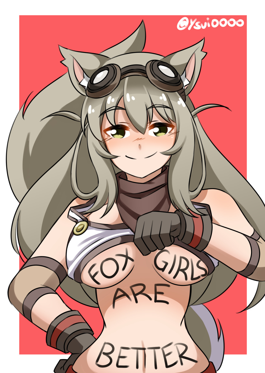 absurdres animal_ears bangs blush body_writing breasts cleavage commentary english_commentary fox_ears fox_tail gloves goggles green_eyes hair_flaps halter_top halterneck highres large_breasts lily_the_mechanic long_hair looking_at_viewer lost_pause navel smile solo tail twitter_username underboob ysui0000