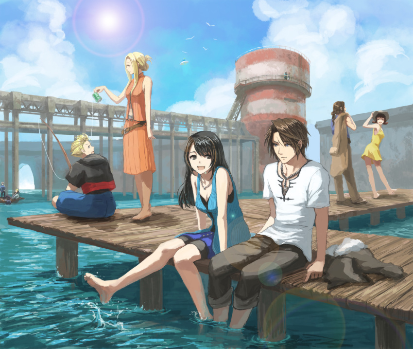 6+boys barefoot black_hair blonde_hair blue_sky blurry boat brown_hair casual cloud commentary_request day depth_of_field dress ellone everyone final_fantasy final_fantasy_viii fishing fishing_rod fuujin_(ff8) habbitrot highres irvine_kinneas jacket jacket_removed jewelry laguna_loire lens_flare multicolored_hair multiple_boys multiple_girls necklace pier quistis_trepe raijin_(ff8) rinoa_heartilly seifer_almasy selphie_tilmitt shorts shorts_under_skirt skirt sky sleeveless smile soaking_feet squall_leonhart sun sundress two-tone_hair water water_tower watercraft zell_dincht