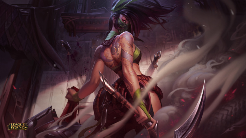 akali akali_(redesign) back bare_shoulders black_hair breasts dagger from_behind highres holding holding_weapon jessica_oyhenart league_of_legends long_hair looking_at_viewer looking_back mask official_art ponytail redesign sickle small smoke solo standing tattoo weapon