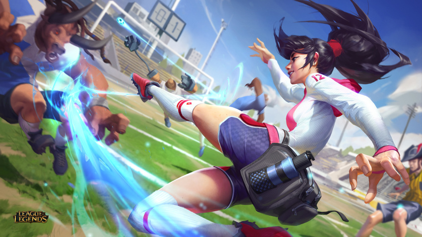 3boys akali alistar alternate_form animal ball beard black_hair blitzcrank blue_shirt blue_shorts breasts building cloud cow facial_hair grass hat highres judge league_of_legends long_hair medium_breasts multiple_boys official_art open_mouth outdoors playing_games playing_sports red_footwear robot shirt short_hair shorts sky soccer soccer_ball soccer_uniform sport sportswear twisted_fate white_hair white_shirt world_cup