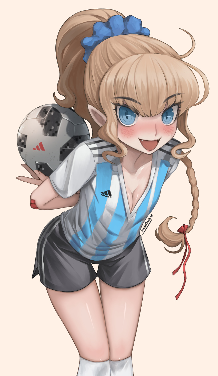 2018_fifa_world_cup absurdres adidas ahoge argentina ball bandages blonde_hair blue_eyes blush breasts cleavage elf eudetenis feet_out_of_frame hair_ornament hair_ribbon highres holding holding_ball long_hair looking_at_viewer open_mouth original pointy_ears ponytail ribbon shorts smile soccer soccer_ball soccer_uniform solo sportswear standing telstar_18 world_cup