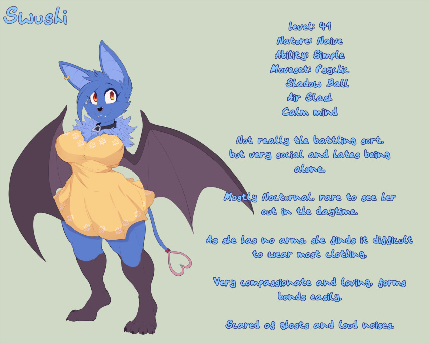 2018 anthro big_breasts breasts clothed clothing collar conditional_dnp digital_media_(artwork) ear_piercing english_text fangs female hi_res looking_at_viewer membranous_wings model_sheet nintendo piercing pok&eacute;mon pok&eacute;mon_(species) simple_background solo swoobat swushi text thick_thighs video_games voluptuous wide_hips wings wyntersun