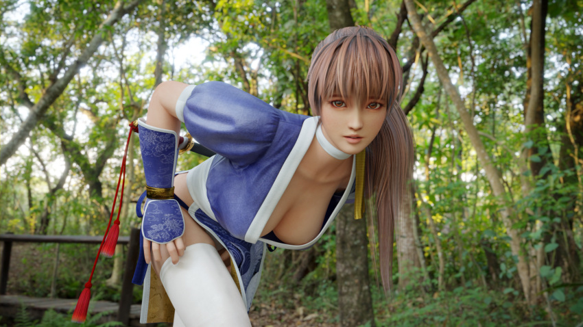 1girl 3d bent_over breasts brown_eyes brown_hair cleavage collar dead_or_alive downblouse hanging_breasts kasumi_(doa) large_breasts leaning_forward long_hair looking_at_viewer no_bra nodern03 outdoors parted_lips plant ponytail solo standing thighhighs tree