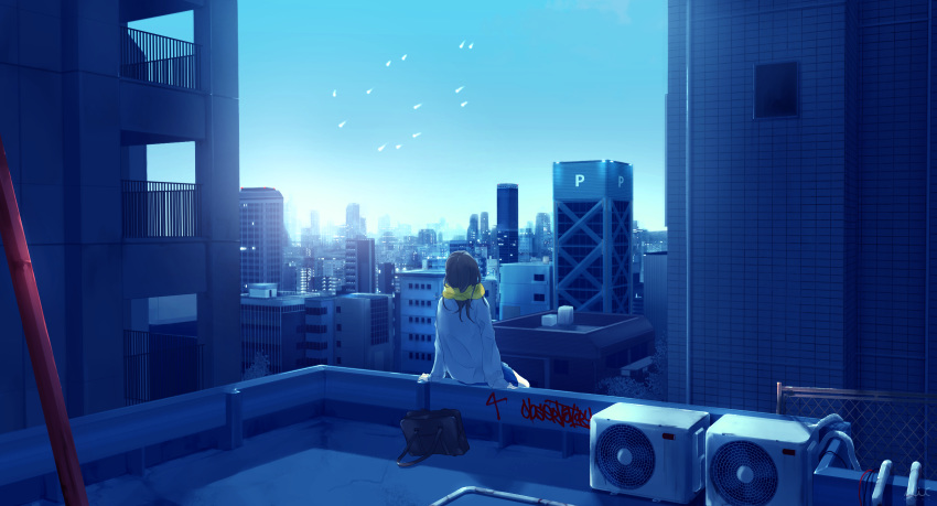 bad_id bad_pixiv_id bag blue_sky building chinese_commentary city cityscape commentary_request fence from_behind gate graffiti highres ledge maeda_mic original outdoors pleated_skirt rooftop scarf scenery school_bag school_uniform sitting skirt sky skyscraper sweater ufo window yellow_scarf