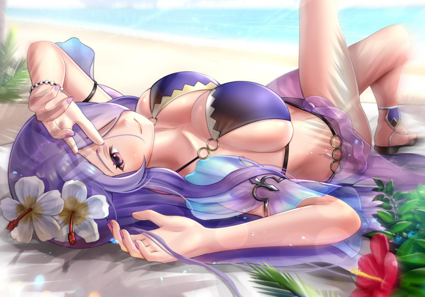 beach bikini breasts camilla_(fire_emblem_if) cleavage day fire_emblem fire_emblem_heroes fire_emblem_if flower gonzarez hair_over_one_eye hibiscus highres large_breasts legs lips long_hair looking_at_viewer lying on_back purple_eyes purple_hair sarong sidelocks simple_background solo swimsuit very_long_hair wavy_hair
