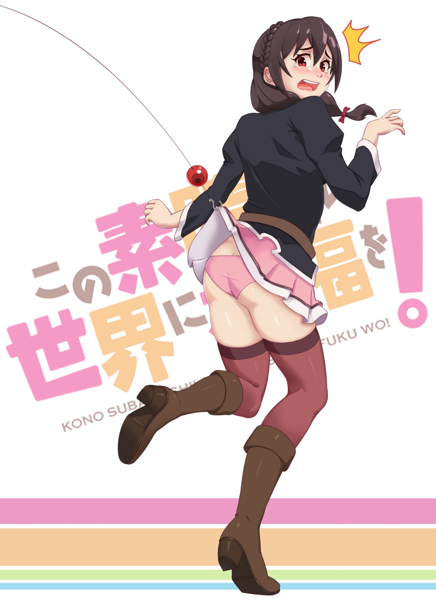 /\/\/\ 1girl absurdres ass belt black_hair black_jacket blush boots braid brown_footwear brown_legwear copyright_name crown_braid fishing fishing_hook french_braid hair_between_eyes hair_ribbon high_heel_boots high_heels highres jacket kono_subarashii_sekai_ni_shukufuku_wo! layered_skirt long_hair long_sleeves looking_back loose_belt low_twintails miniskirt nose_blush open_mouth panties pink_panties pink_skirt pleated_skirt radrick0 red_eyes red_ribbon ribbon skirt skirt_lift solo standing standing_on_one_leg tears thighhighs twintails underwear yunyun_(konosuba)