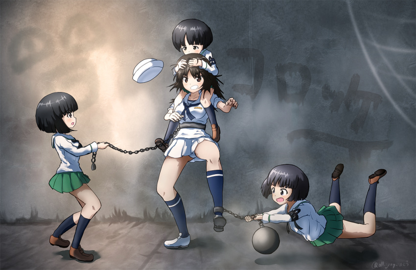 ball_and_chain_restraint bangs black_eyes black_hair black_legwear black_neckwear blouse blunt_bangs bob_cut brown_footwear carrying chain commentary_request cuffs dixie_cup_hat eyebrows_visible_through_hair falling fighting from_side frown girls_und_panzer gotou_moyoko graffiti green_skirt grimace haiiro_purin hat hat_removed head_grab headwear_removed kneehighs konparu_nozomi loafers long_hair long_sleeves looking_at_another military_hat miniskirt multiple_girls murakami_(girls_und_panzer) navy_blue_legwear navy_blue_neckwear neckerchief ooarai_naval_school_uniform ooarai_school_uniform open_mouth panties pantyshot pantyshot_(standing) partial_commentary pleated_skirt print_legwear sailor sailor_collar school_uniform serafuku shackles shoes short_hair shoulder_carry single_horizontal_stripe skirt sleeves_rolled_up socks sono_midoriko standing standing_on_one_leg twitter_username underwear white_blouse white_footwear white_hat white_panties white_skirt