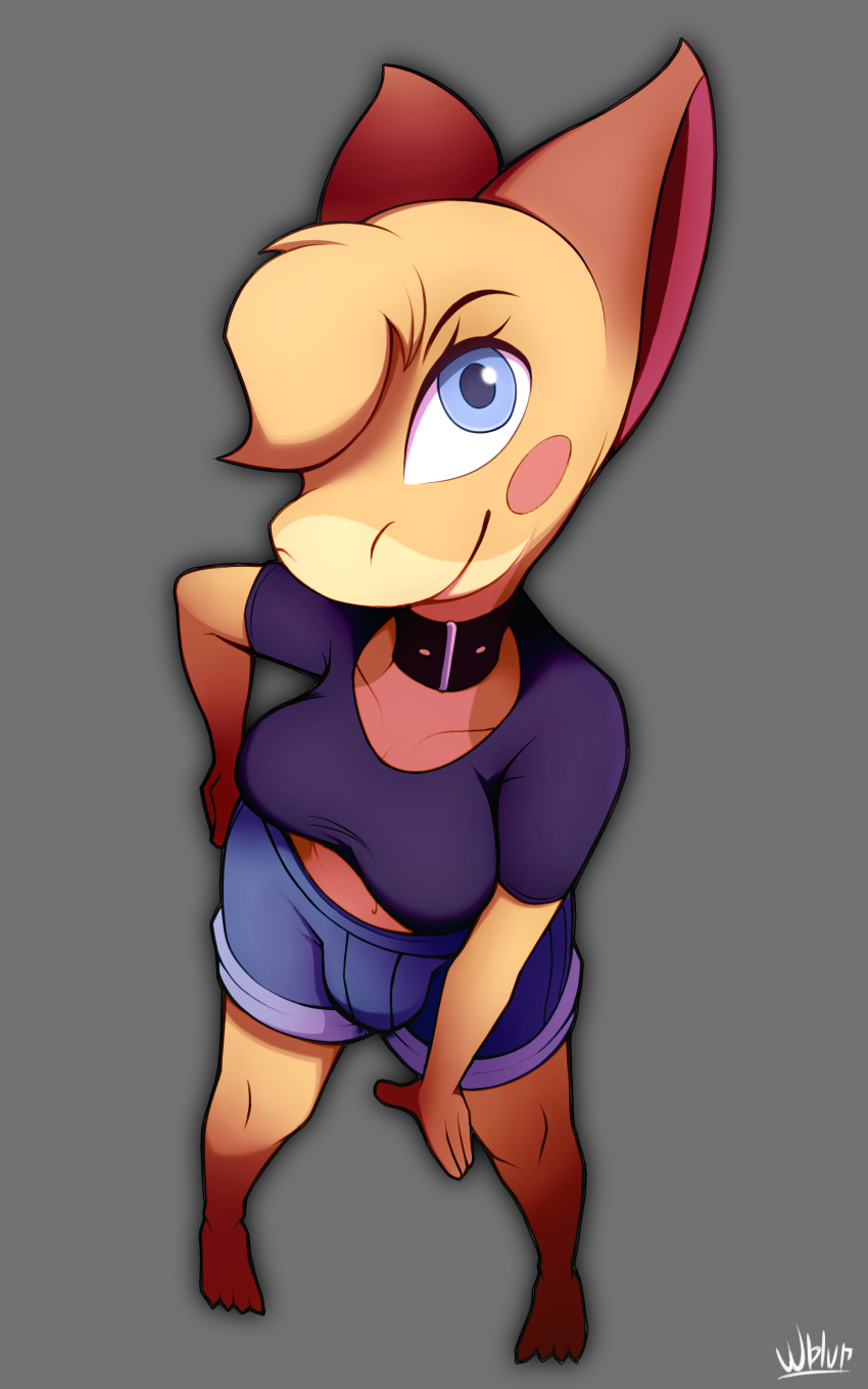 anthro bat blue_eyes breasts bulge clothed clothing collar dickgirl digital_media_(artwork) dusk_(tabuley) eyelashes fully_clothed grey_background hair high-angle_view intersex jeans looking_at_viewer mammal pants shirt shorts signature simple_background smile solo standing wildblur