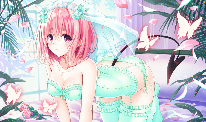 all_fours aqua_flower aqua_legwear aqua_panties ass bed_sheet blush breasts bridal_veil bug butt_crack butterfly cleavage collarbone demon_tail ffcreatyuuki flower garter_belt hair_between_eyes hair_flower hair_ornament indoors insect jewelry looking_at_viewer medium_breasts momo_velia_deviluke necklace panties petals pink_hair purple_eyes short_hair smile solo strapless striped tail thighhighs to_love-ru transparent underwear underwear_only veil