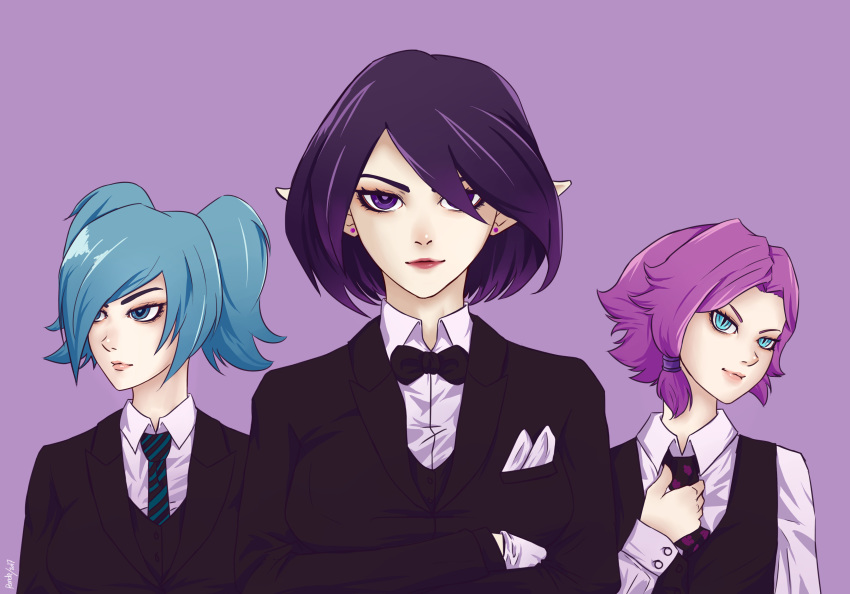 absurdres blue_eyes blue_hair bow bowtie commentary commentary_typo english_commentary evie_(paladins) formal highres maeve_(paladins) multiple_girls necktie paladins pandewiratama pink_hair purple_background purple_eyes purple_hair short_hair skye_(paladins) slit_pupils suit tuxedo