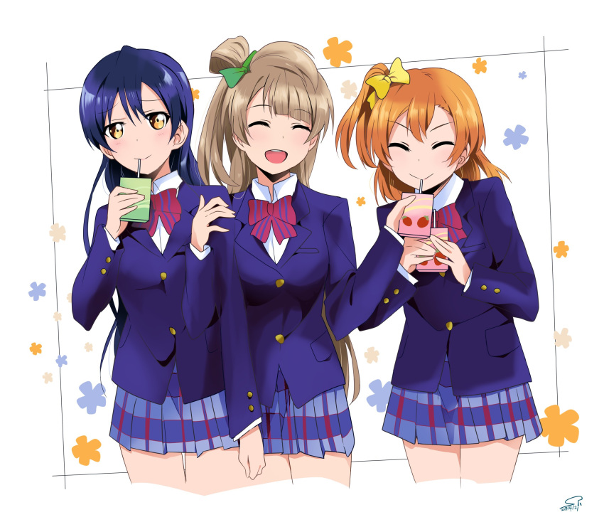 bangs blue_hair closed_eyes commentary_request drink drinking drinking_straw grey_hair hair_between_eyes highres holding kousaka_honoka long_hair love_live! love_live!_school_idol_project minami_kotori multiple_girls one_side_up orange_hair otonokizaka_school_uniform school_uniform simple_background smile sonoda_umi suan_ringo white_background yellow_eyes