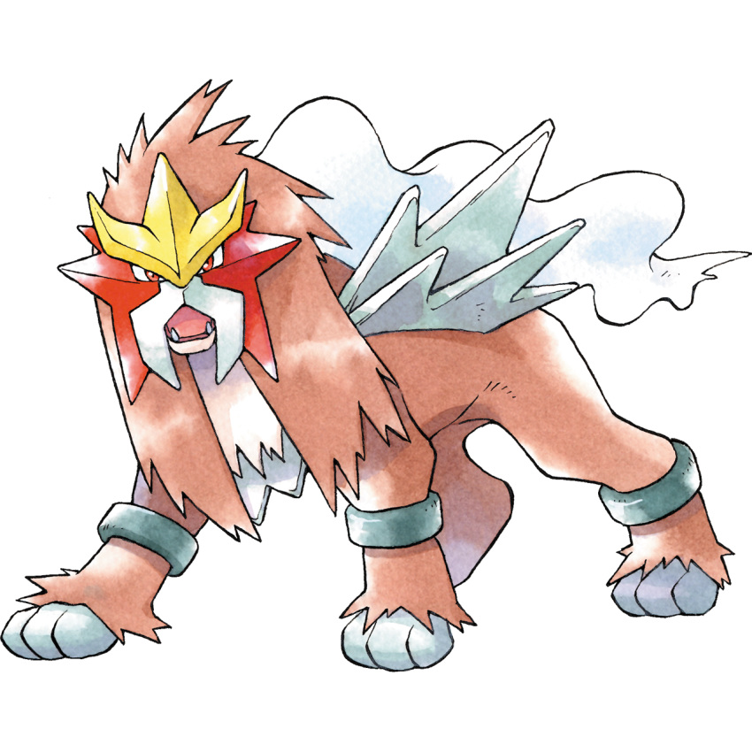 2000 3_toes alpha_channel ambiguous_gender brown_fur entei fangs feral full-length_portrait fur grey_body hi_res ken_sugimori leaning legendary_pok&eacute;mon looking_at_viewer looking_away mammal multicolored_fur nintendo official_art open_mouth pok&eacute;mon pok&eacute;mon_(species) portrait quadruped red_eyes roaring simple_background solo spikes standing toes transparent_background two_tone_fur video_games white_fur