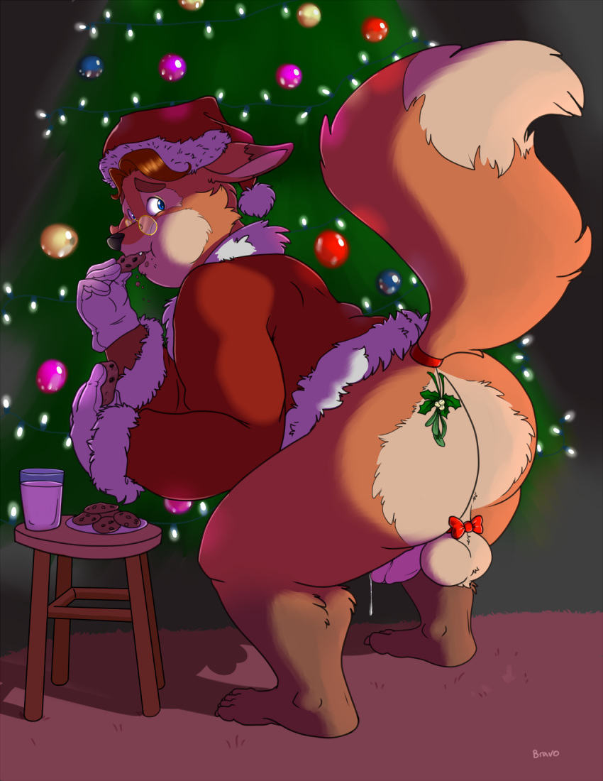 2018 anthro balls bottomless bravo canid canine christmas clothed clothing disney eating eyewear fox gideon_grey glasses hair hat holidays holly_(plant) humanoid_penis male mammal mistletoe penis plant santa_hat santa_suit slightly_chubby solo standing zootopia