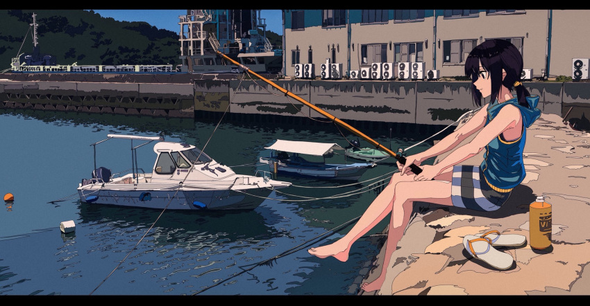 air_conditioner barefoot boat building commentary_request fishing fishing_rod harbor highres hood hoodie kogecha_(coge_ch) original sleeveless sleeveless_hoodie slippers_removed solo watercraft