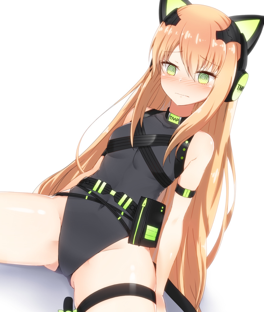 1girl @_@ animal_ears arm_strap arm_support bangs bare_shoulders belt black_leotard blush bow breasts cat_ears cat_tail character_name clothes_writing covered_navel dutch_angle eyebrows_visible_through_hair fake_animal_ears frown girls_frontline gluteal_fold green_bow green_eyes headphones highres leaning_back leotard long_hair nose_blush orange_hair s1145 simple_background sitting small_breasts solo tail tail_bow thigh_strap tmp_(girls_frontline) very_long_hair wavy_mouth white_background