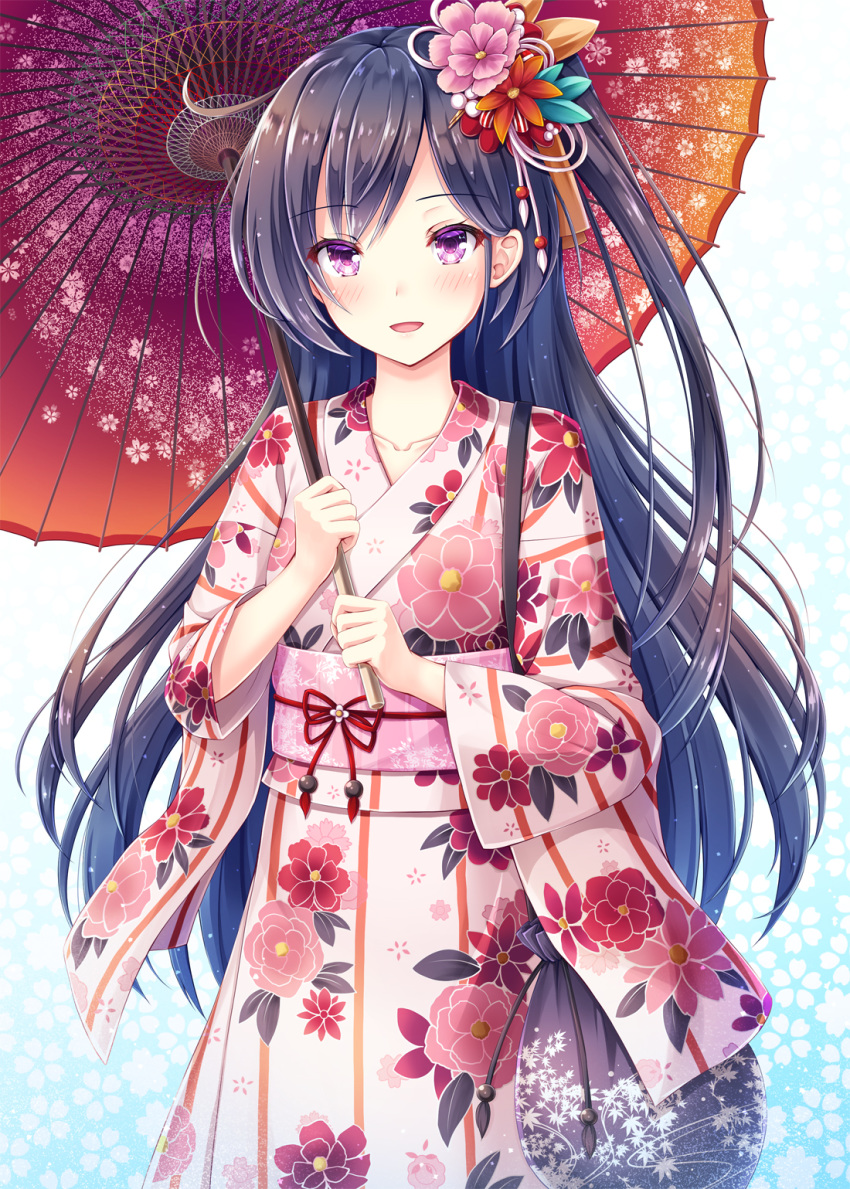 akashio_(loli_ace) bag black_hair blush commentary_request eyebrows_visible_through_hair eyes_visible_through_hair floral_print flower hair_flower hair_ornament highres japanese_clothes kimono long_hair looking_at_viewer obi one_side_up oriental_umbrella original parted_lips print_kimono purple_eyes sash smile solo umbrella very_long_hair wide_sleeves