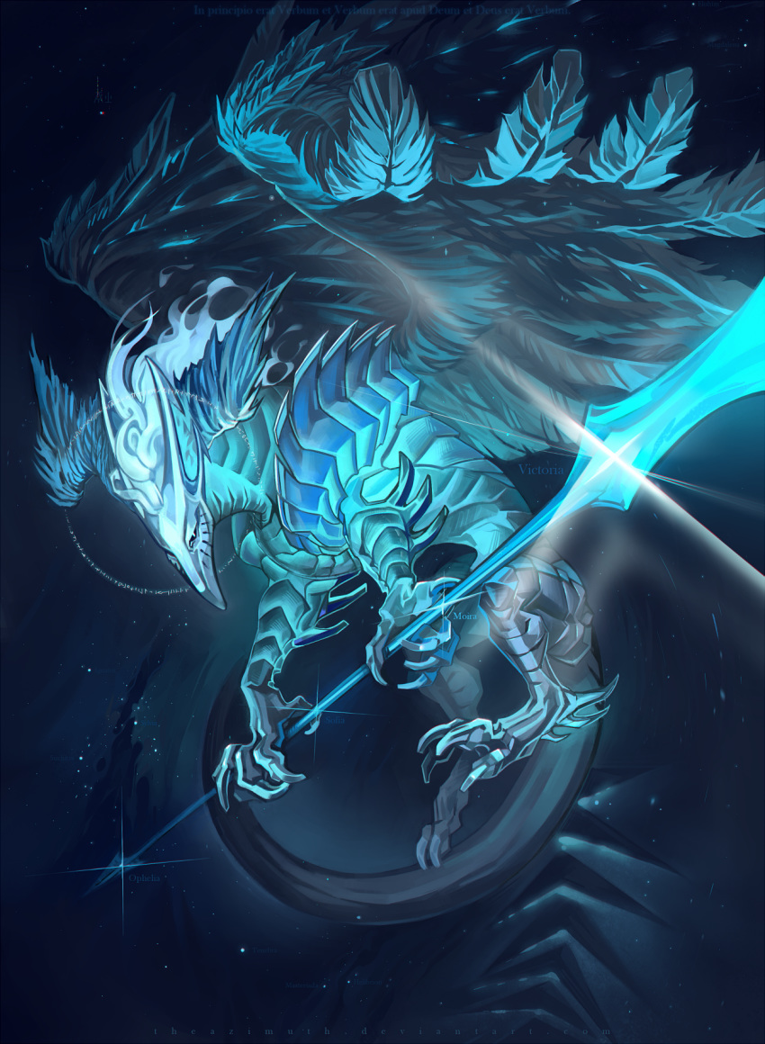 2018 blue_theme claws digital_media_(artwork) dragon feathered_dragon feathers holding_object holding_weapon melee_weapon polearm solo spear theazimuth weapon