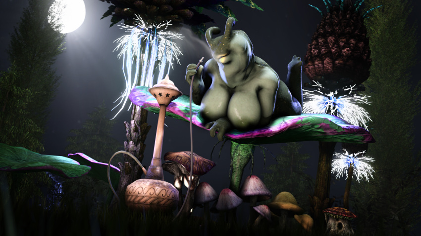 3d_(artwork) anthro big_breasts breasts digital_media_(artwork) female gastropod hookah muetank mushroom night nipples nude outside slug smoking solo source_filmmaker tree video_games