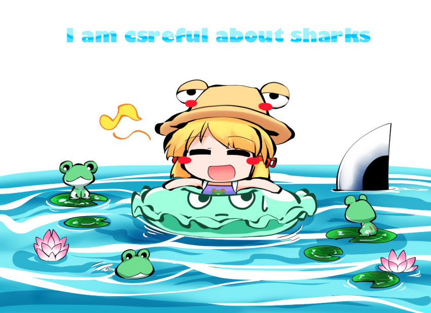 =_= afloat blonde_hair blush_stickers engrish frog hat innertube kashuu_(b-q) lily_pad moriya_suwako musical_note open_mouth pyonta ranguage simple_background sword touhou typo water weapon white_background