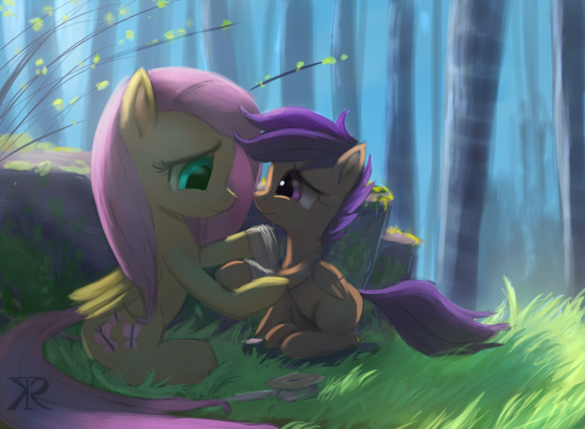 2018 bandage cutie_mark detailed_background duo equine eye_contact eyelashes feathered_wings feathers female feral fluttershy_(mlp) forest friendship_is_magic grass hair hooves mammal my_little_pony nude orange_feathers outside pegasus pink_hair purple_eyes purple_hair raikoh-illust rock scootaloo_(mlp) shadow sitting smile teal_eyes tree wings wounded yellow_feathers young